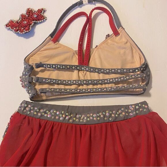 Glamour solo 2 piece dance costume red gray lyrical embellished bling XLC child - Picture 8 of 14